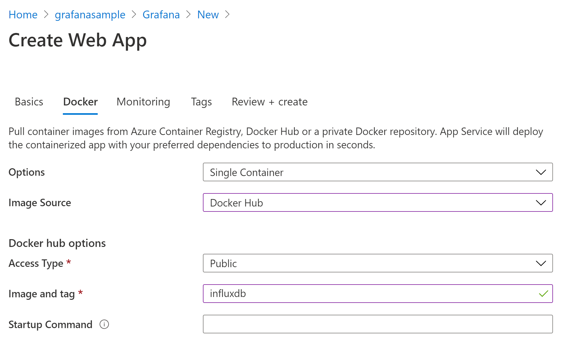 Create App Service Influxdb Docker Form