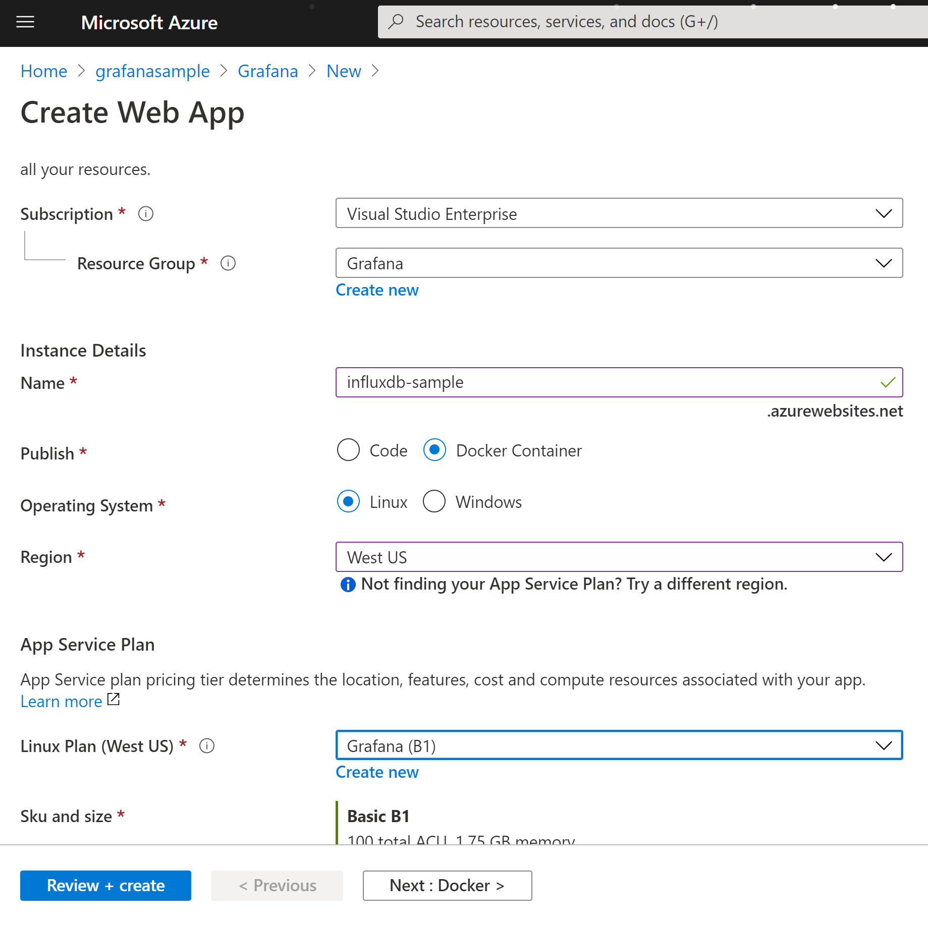 Create App Service Influxdb Form