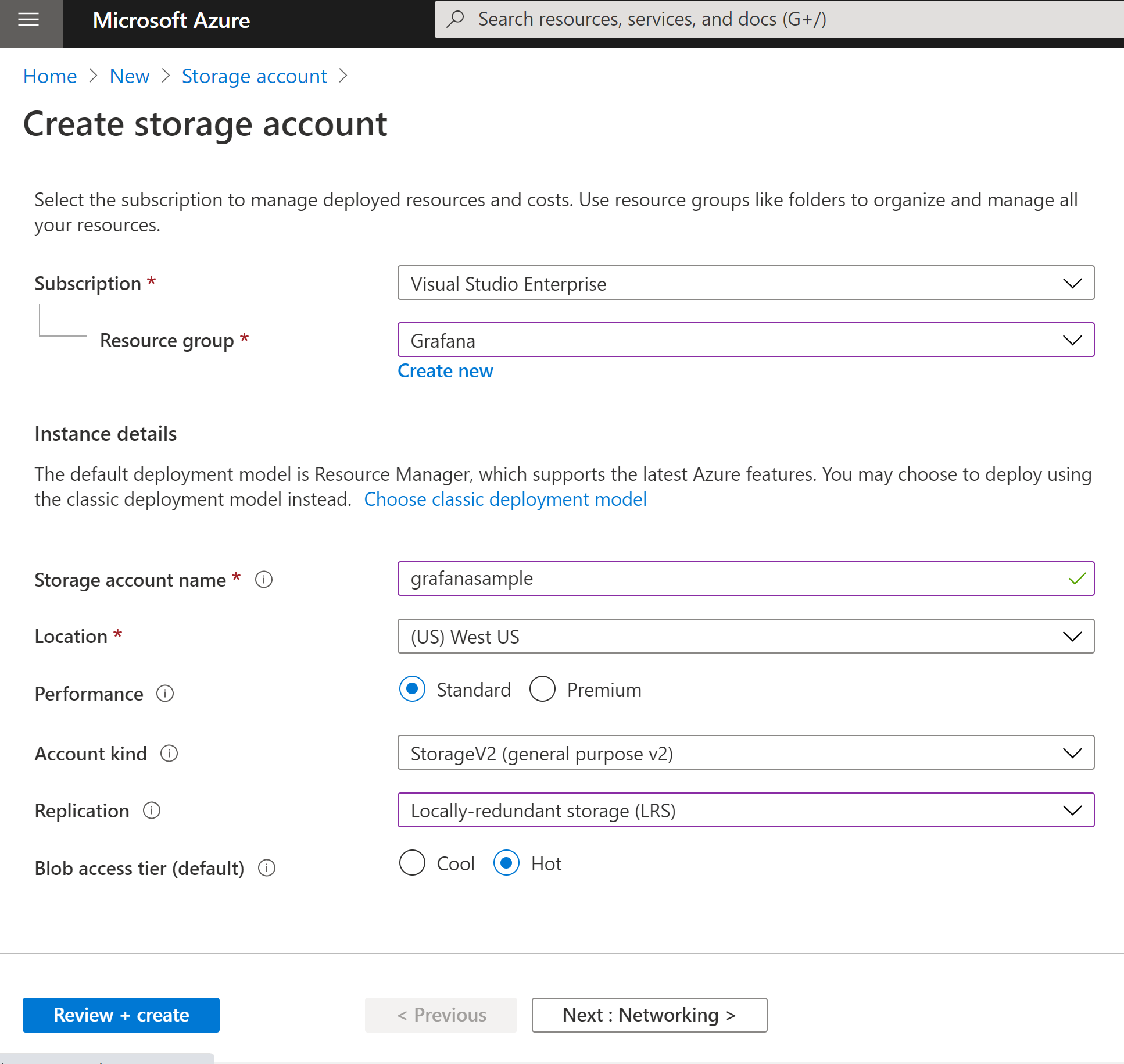 Create Storage Account Form