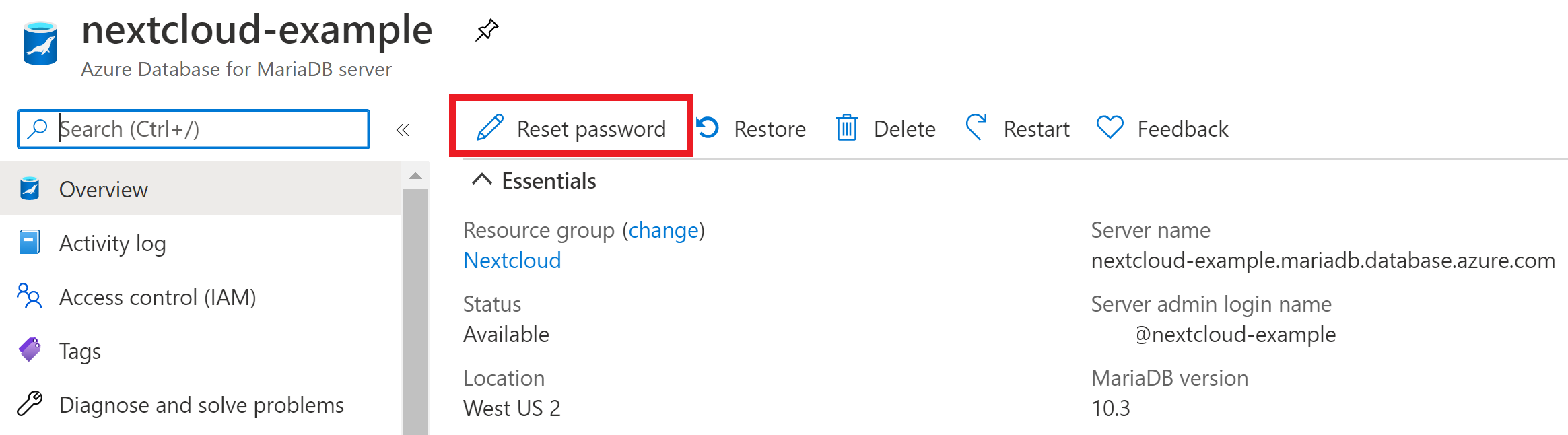 Azure Database for MariaDB Password Reset